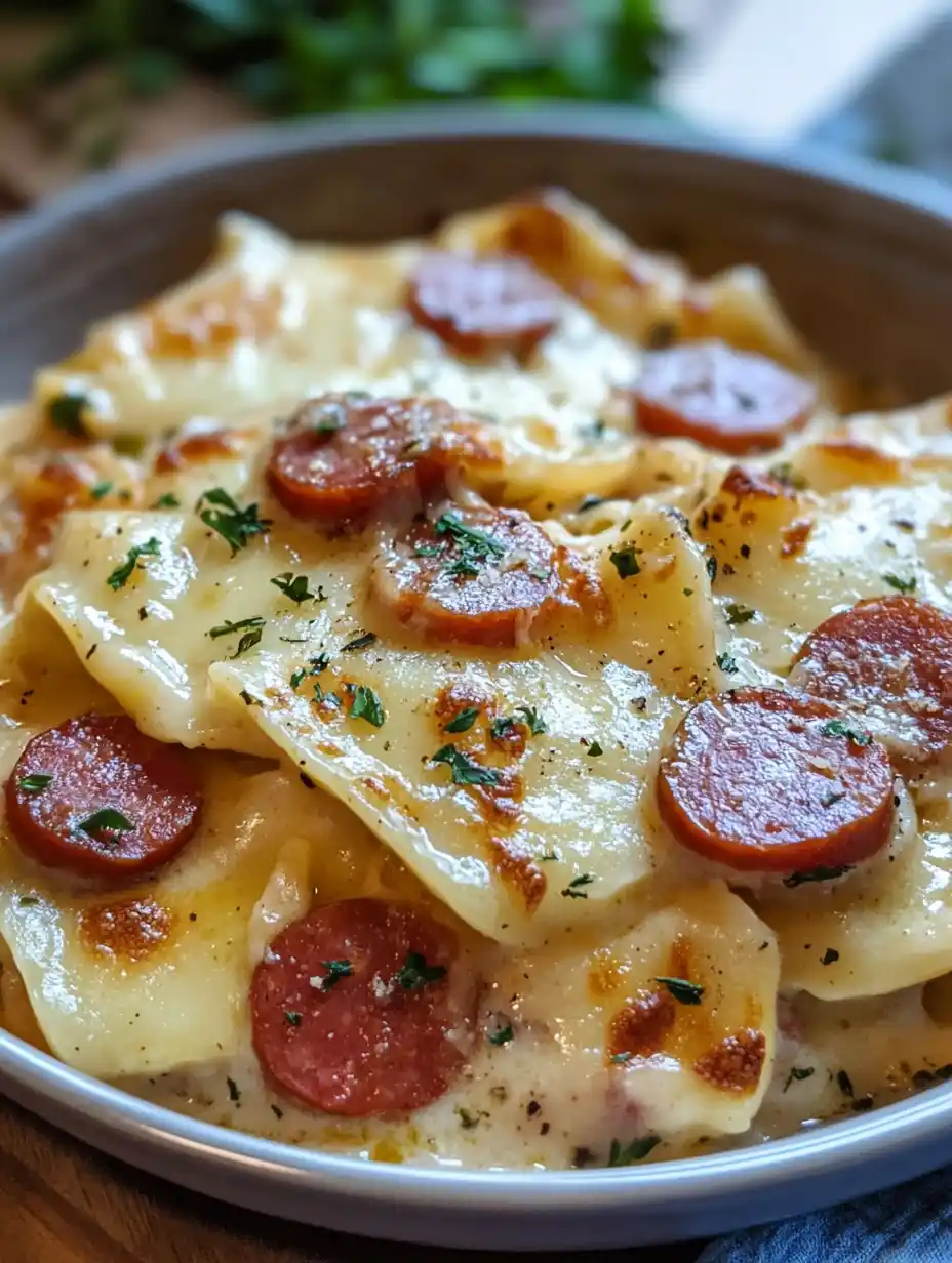 Crockpot Pierogi Casserole with Beef Sausage