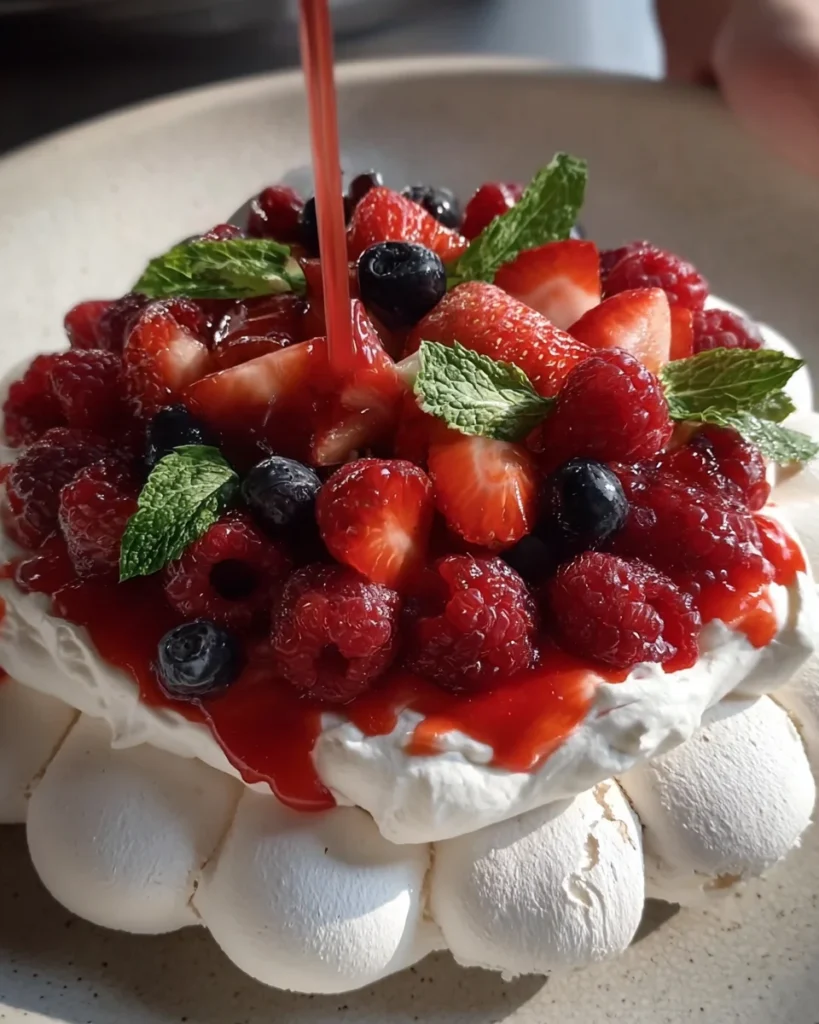 Classic Pavlova with Whipped Mascarpone and Strawberry Coulis
